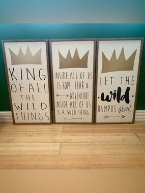Where The Wild Things Are, 3 Piece Hanging Wall Art, Wood Frame, 12x24”, Nursery